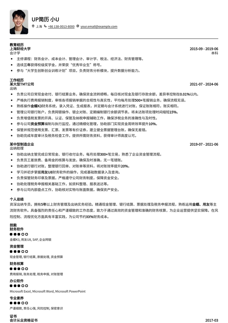 专业出纳简历模板：精准呈现财务技能，助你高效入职简历模板预览