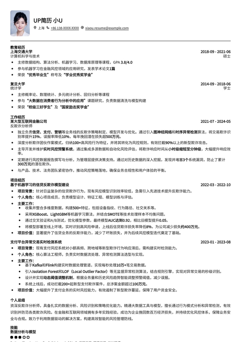 专业反欺诈分析师简历模板:精准洞察,守护金融安全简历模板预览