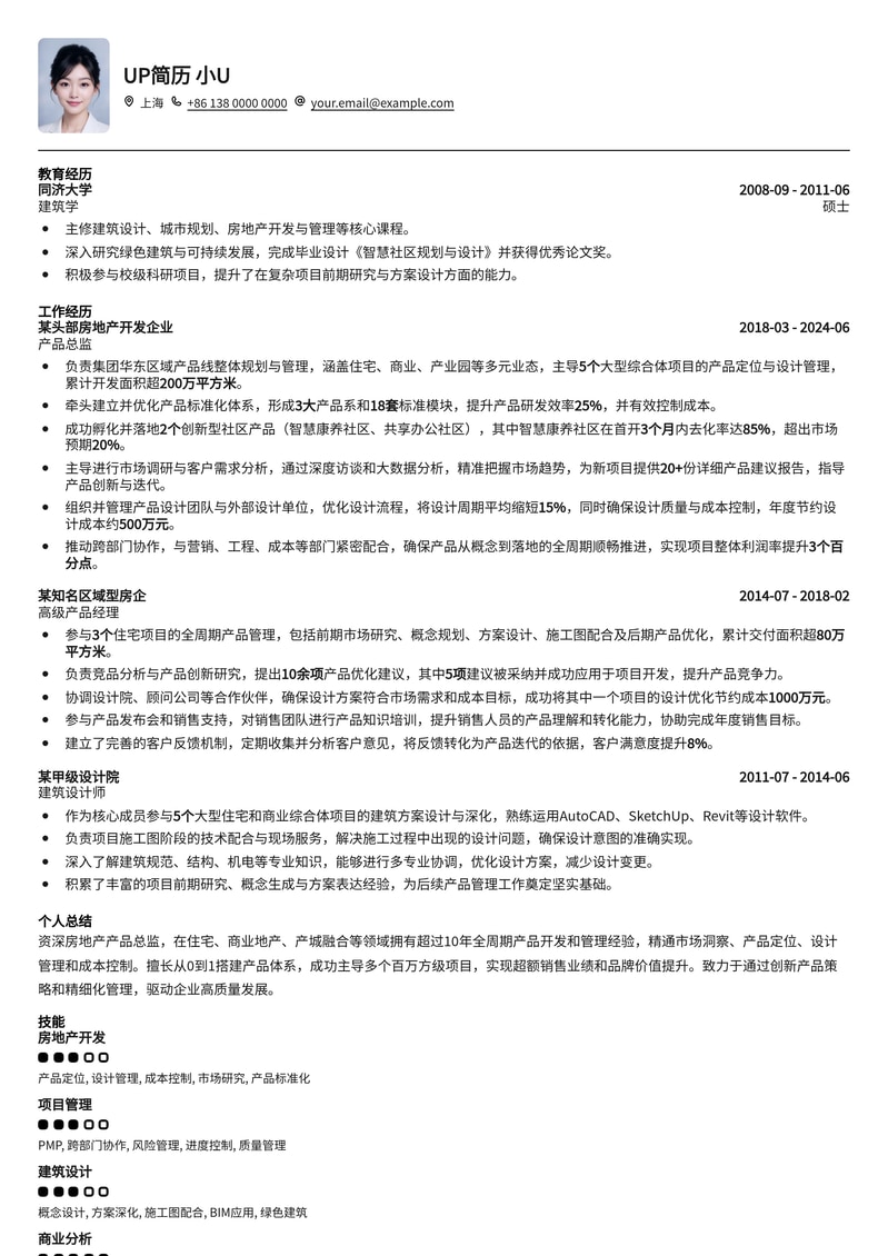 【地产精英首选】房地产产品总监高级定制简历模板简历模板预览