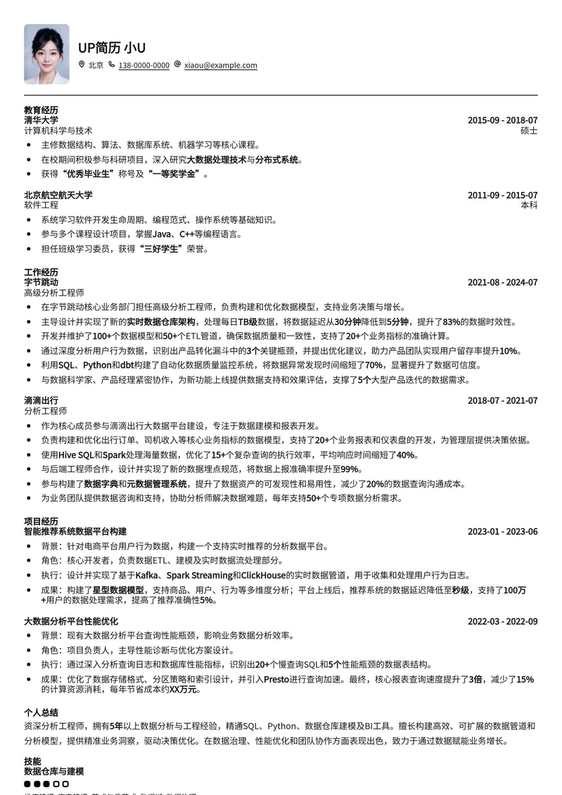 数据驱动决策：分析工程师(Analytics Engineer)专业简历模板简历模板预览