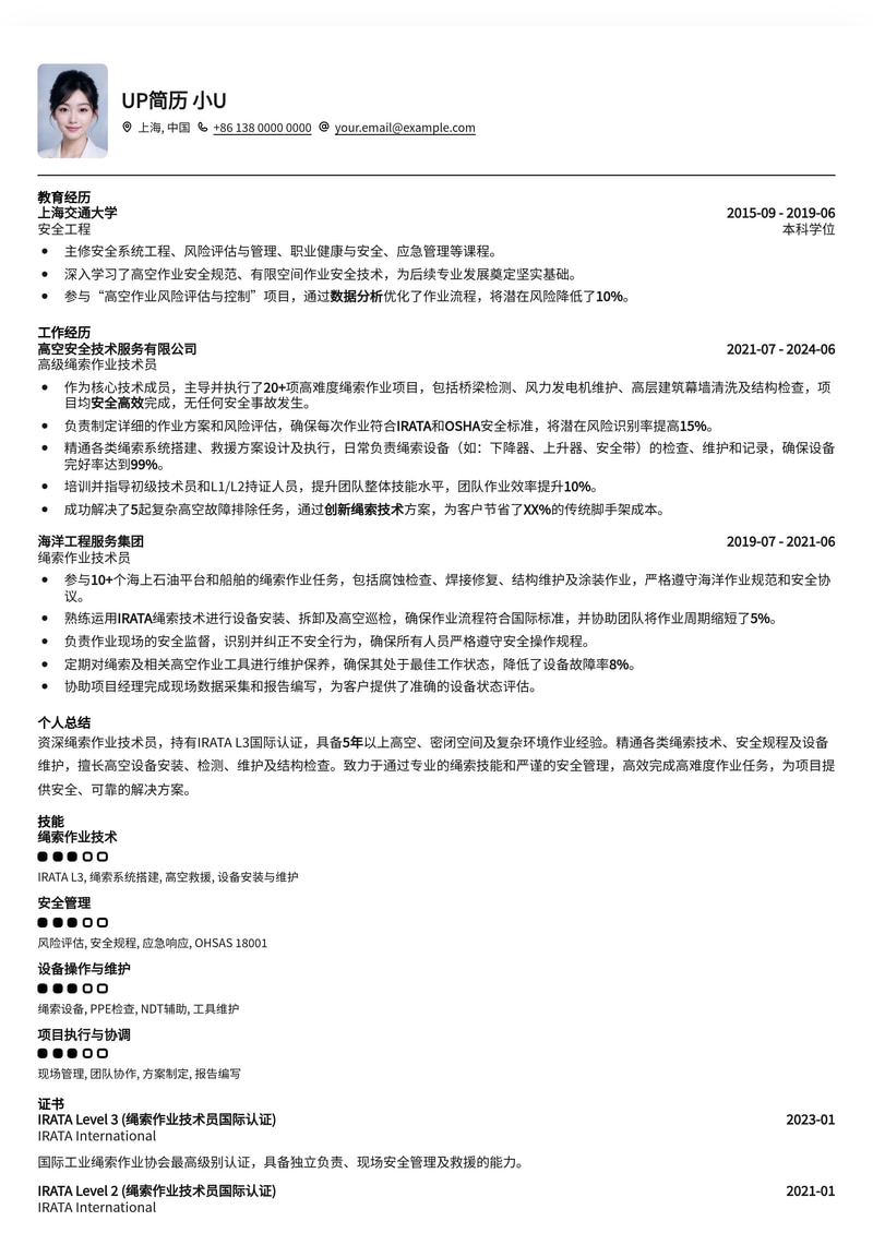 专业绳索作业技术员简历模板：高空作业专家求职优选简历模板预览