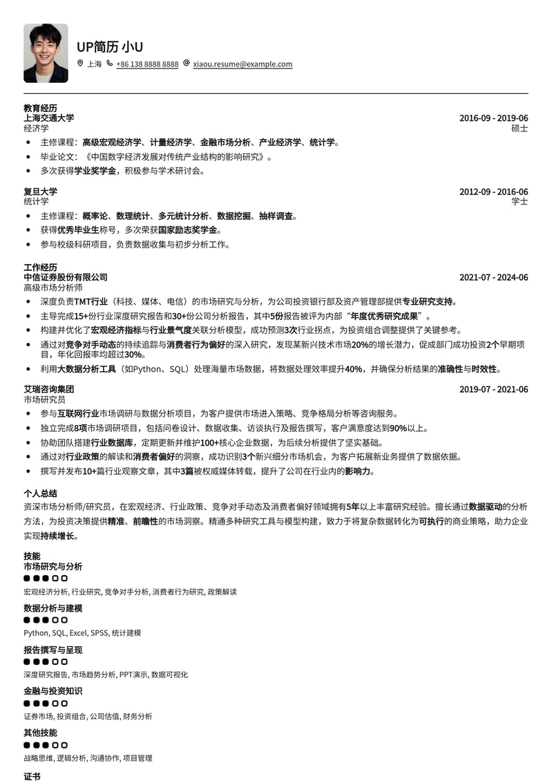 专业市场分析师/研究员简历模板：深度洞察，助力投资决策简历模板预览