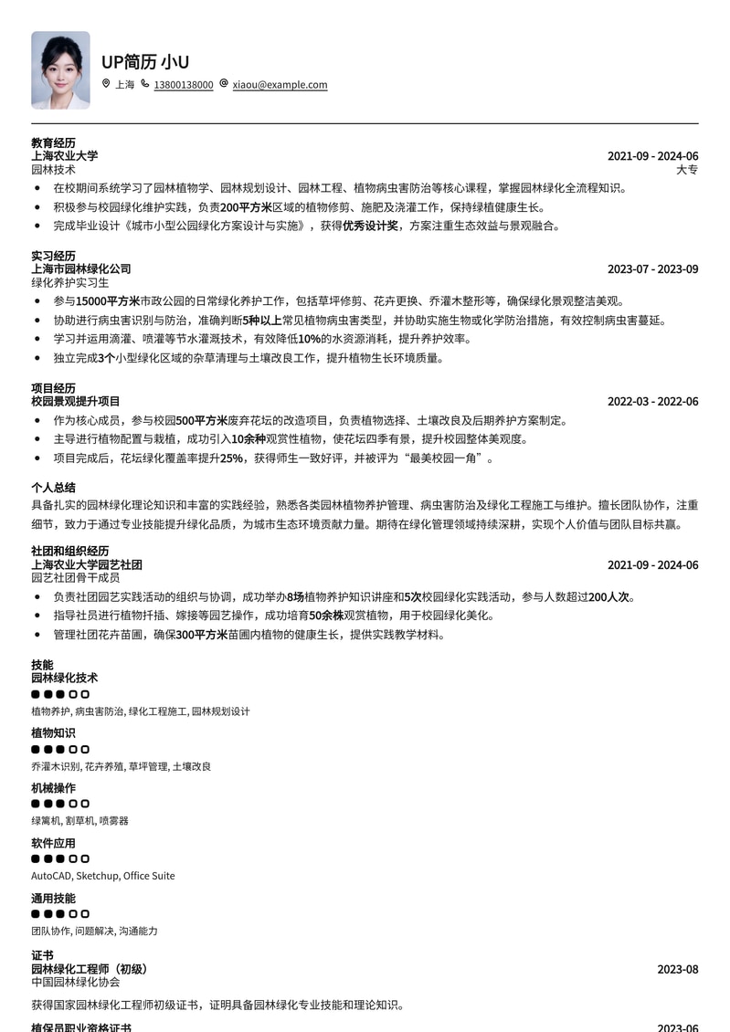 园林绿化工程师/绿化养护人员简历模板：助您打造绿色职业生涯简历模板预览