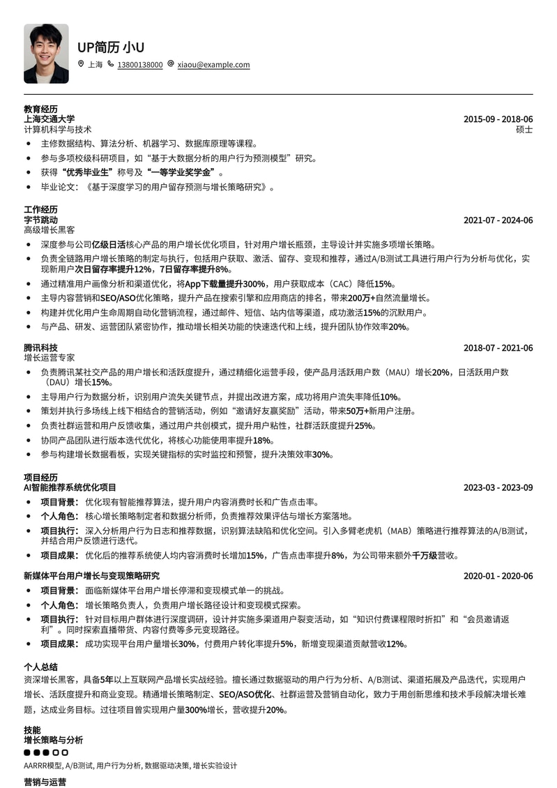 增长黑客 (Growth Hacker) 简历模板：数据驱动，助您引爆增长！简历模板预览