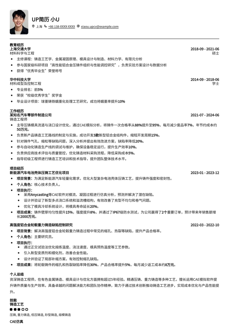 铸造工程师专业简历模板:机械制造领域求职优选简历模板预览