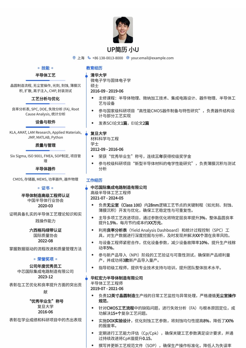 半导体工艺工程师高阶简历模板：深耕无尘室，精通晶圆制造与良率分析简历模板预览