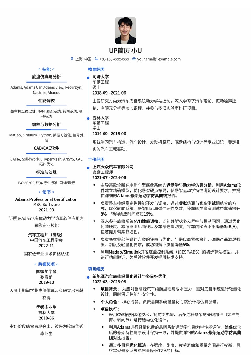 底盘工程师(汽车)简历模板：Adams悬架仿真与操稳NVH调校精要简历模板预览