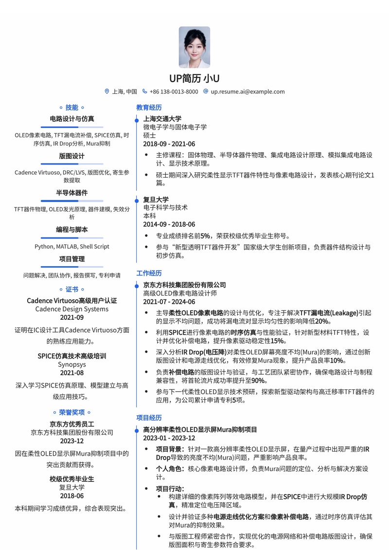 柔性OLED像素电路设计师(OLED Pixel Circuit Eng.)简历模板:SPICE TFT漏电流补偿与IR Drop修复版图专家简历模板预览