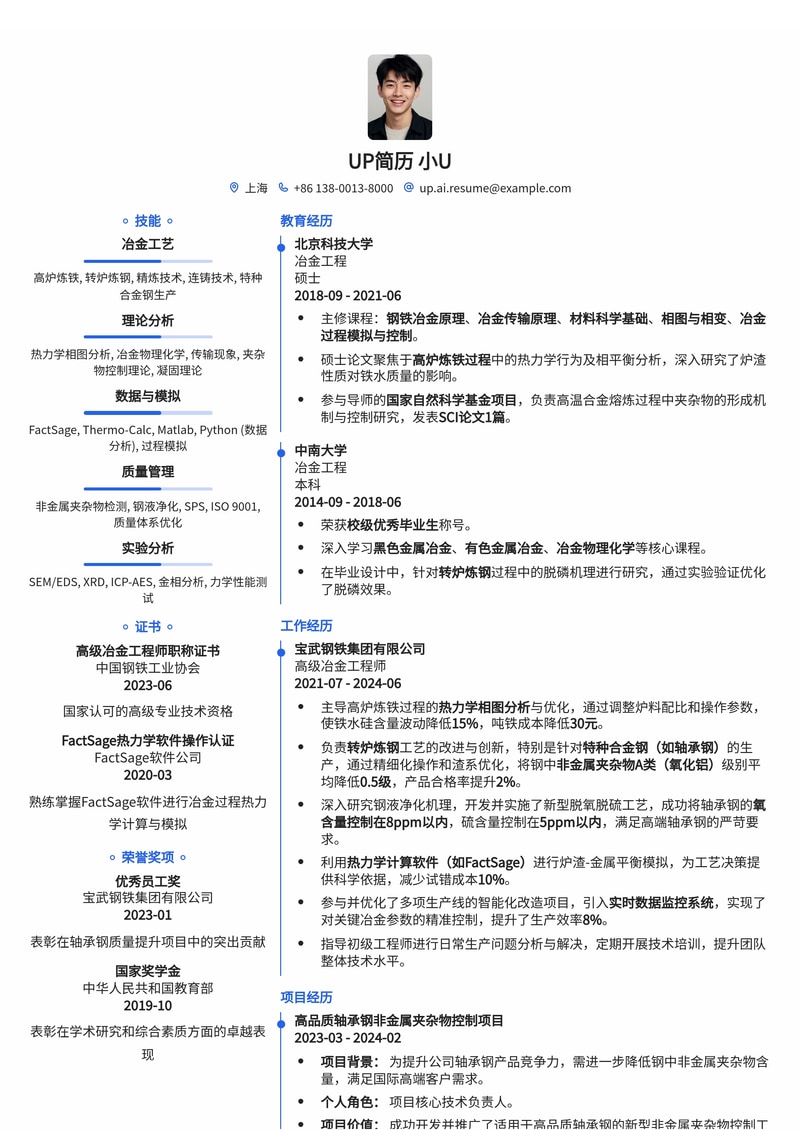 冶金工程师简历模板：高炉炼铁/转炉炼钢热力学相图分析与特种合金钢非金属夹杂物控制简历模板预览
