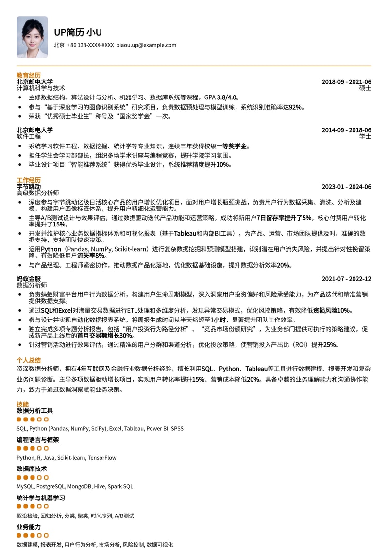 211高校专属：数据分析师校招热门岗位简历模板简历模板预览