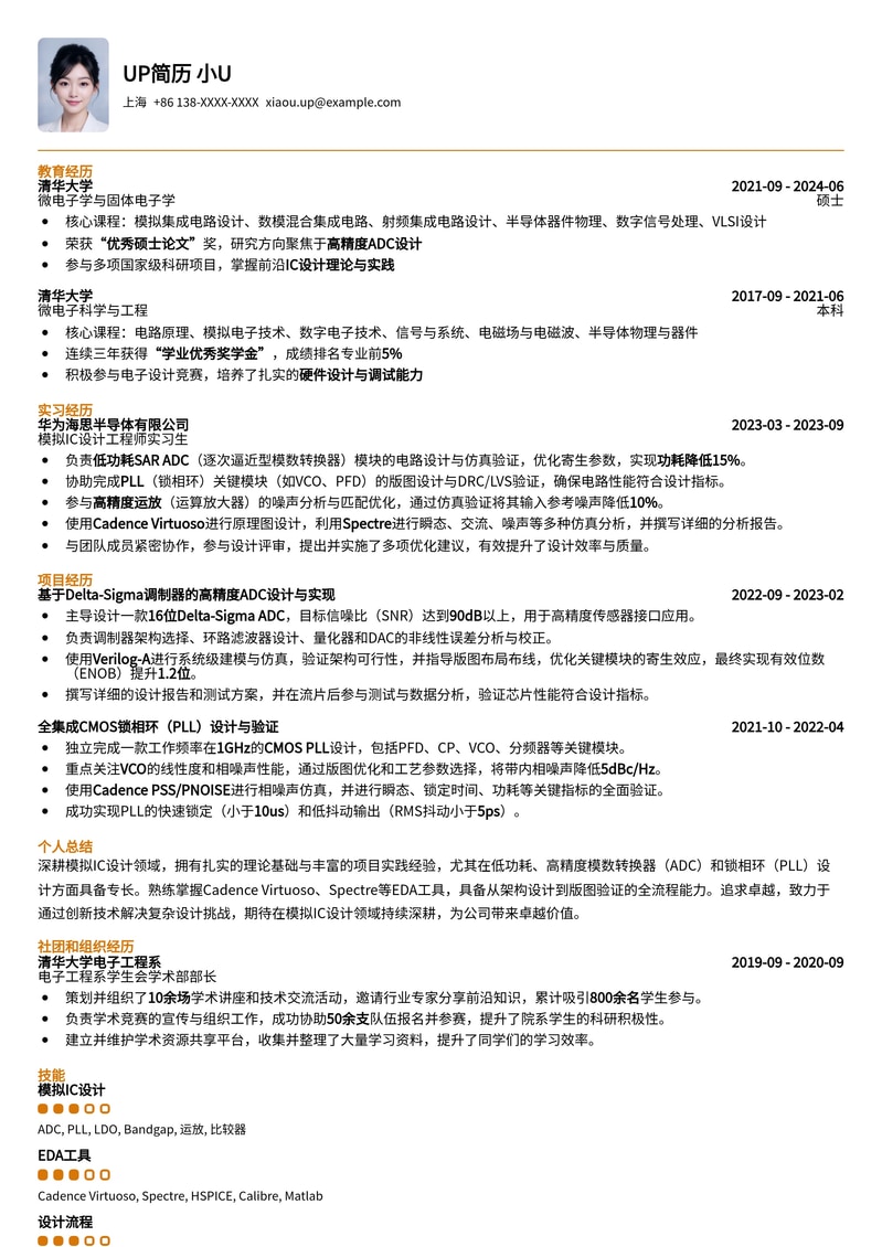 985高校模拟IC设计工程师：高薪offer收割机简历模板简历模板预览