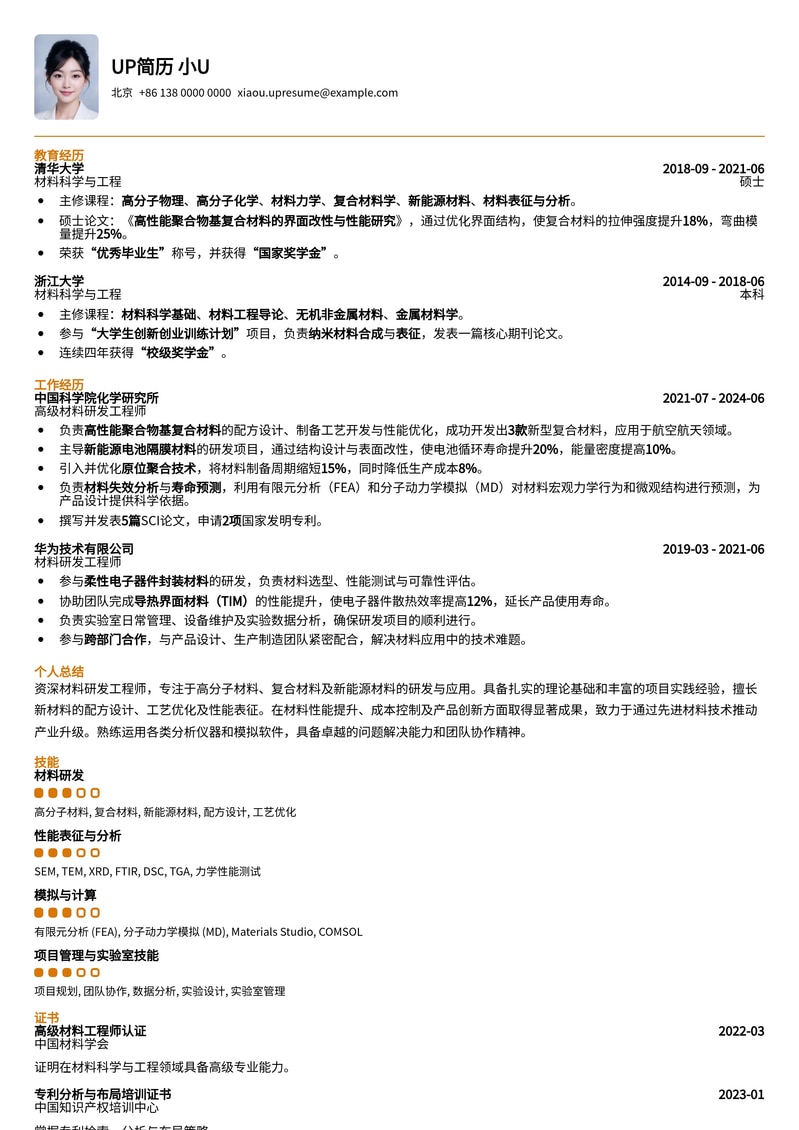 材料研发工程师专业简历模板：助您突出创新与实践能力简历模板预览