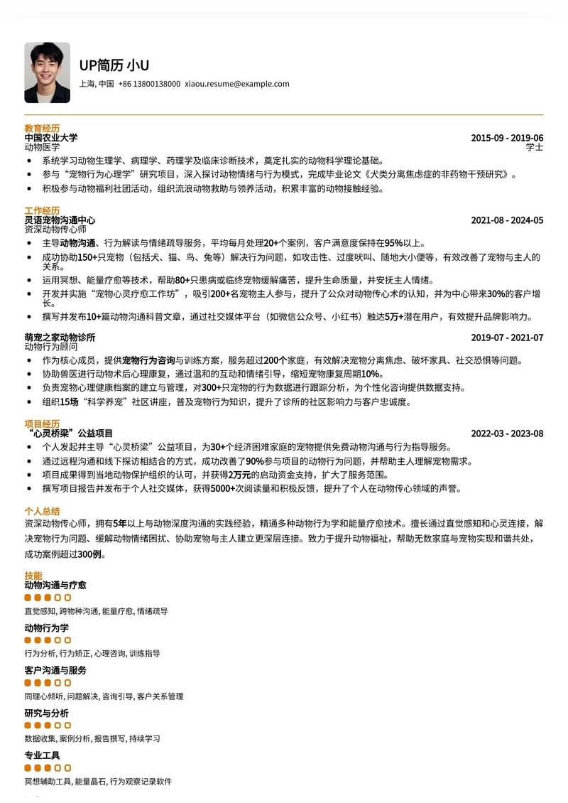 动物传心师专业简历模板：与动物心灵沟通的桥梁