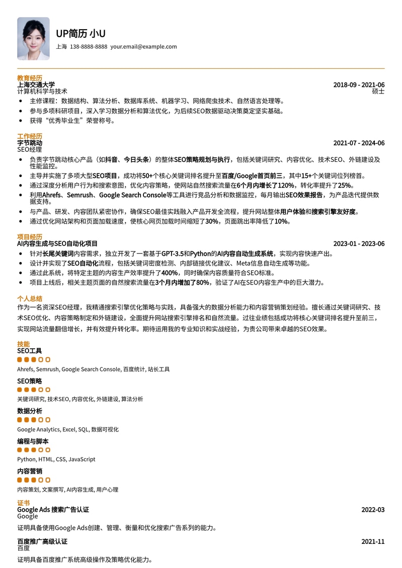 SEO经理 (搜索引擎优化) 职场精英简历模板简历模板预览