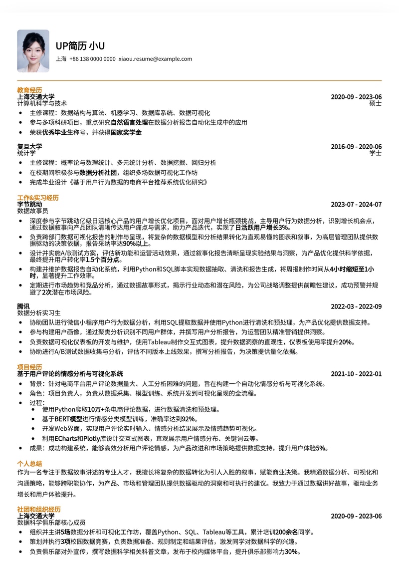 数据之声：解锁数据故事员职业新篇章的专业简历模板简历模板预览