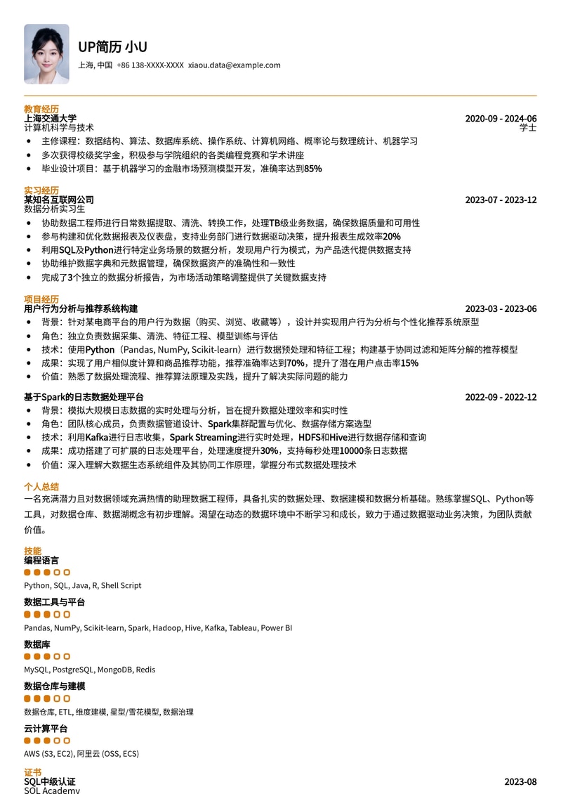 助理数据工程师简历模板：应届生/实习生优选，快速斩获数据岗Offer！简历模板预览