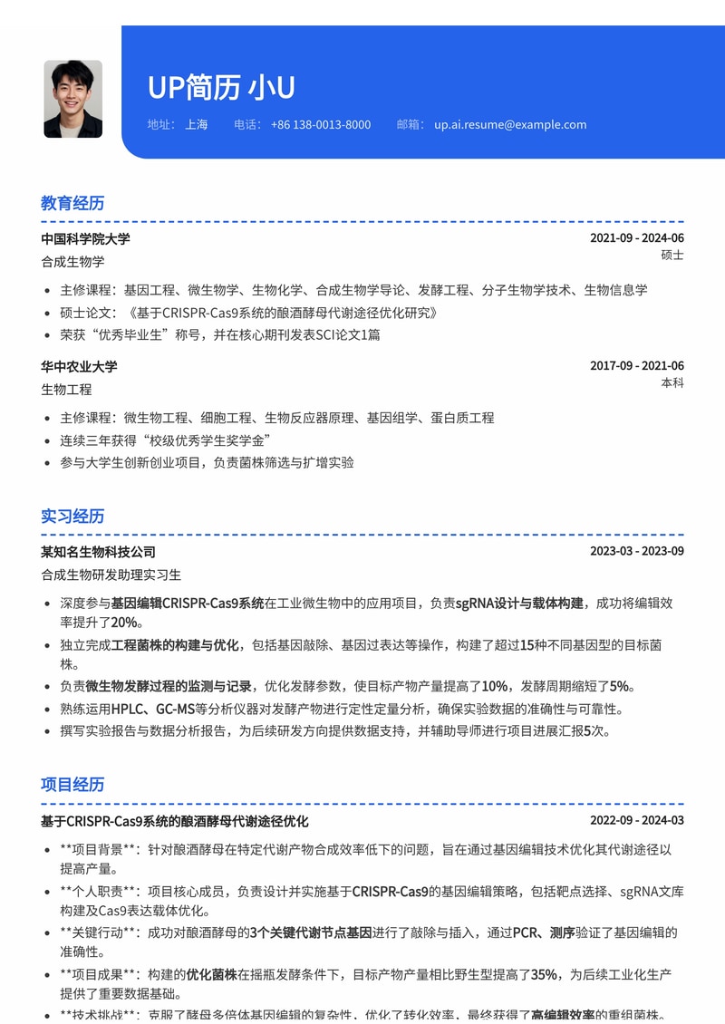合成生物研发助理专业简历模板：内置基因编辑CRISPR操作与菌株构建发酵记录简历模板预览