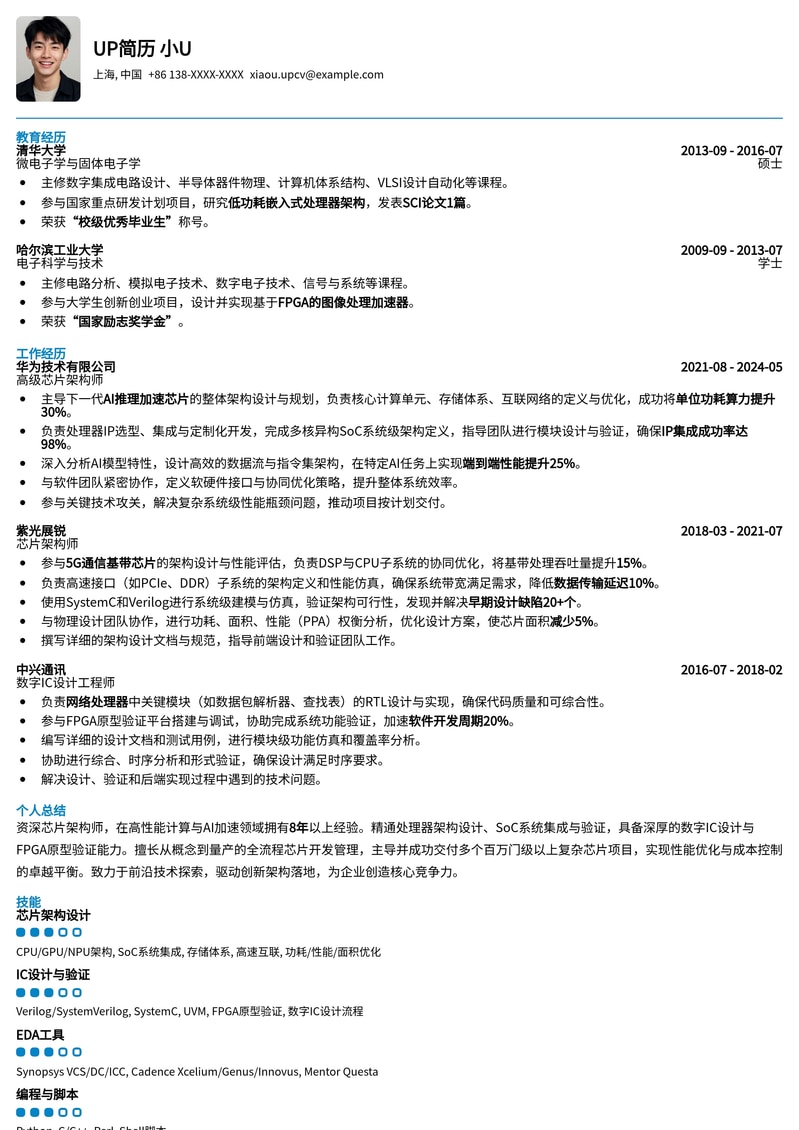985名校芯尖之路：高级芯片架构师精英简历模板简历模板预览