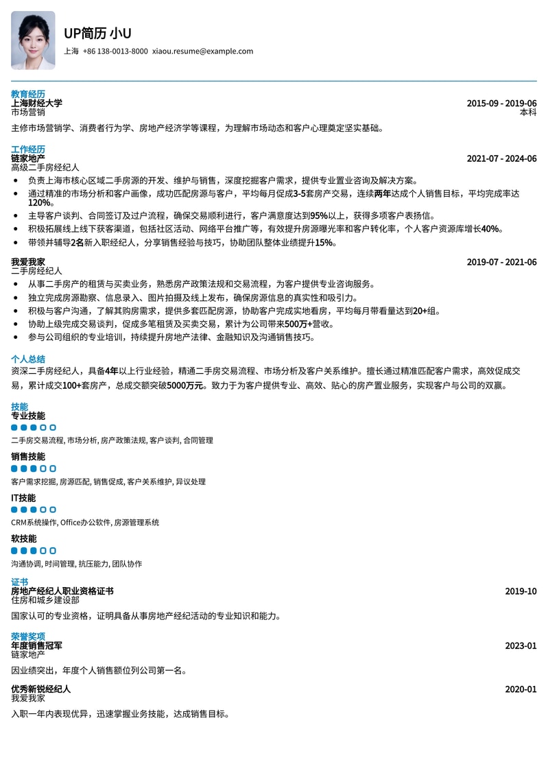 高效专业二手房经纪人简历模板:助您快速成交,业绩翻番!简历模板预览