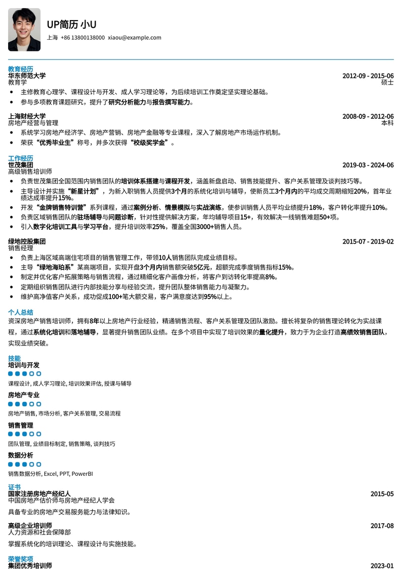 房地产销售培训师专业简历模板：助您高效组织销售团队，提升业绩！简历模板预览