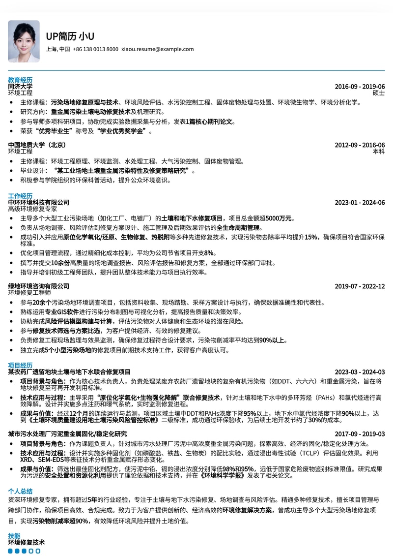 稀缺岗位专属：环境修复专家简历模板（提升专业度，精准匹配绿色环保领域）简历模板预览