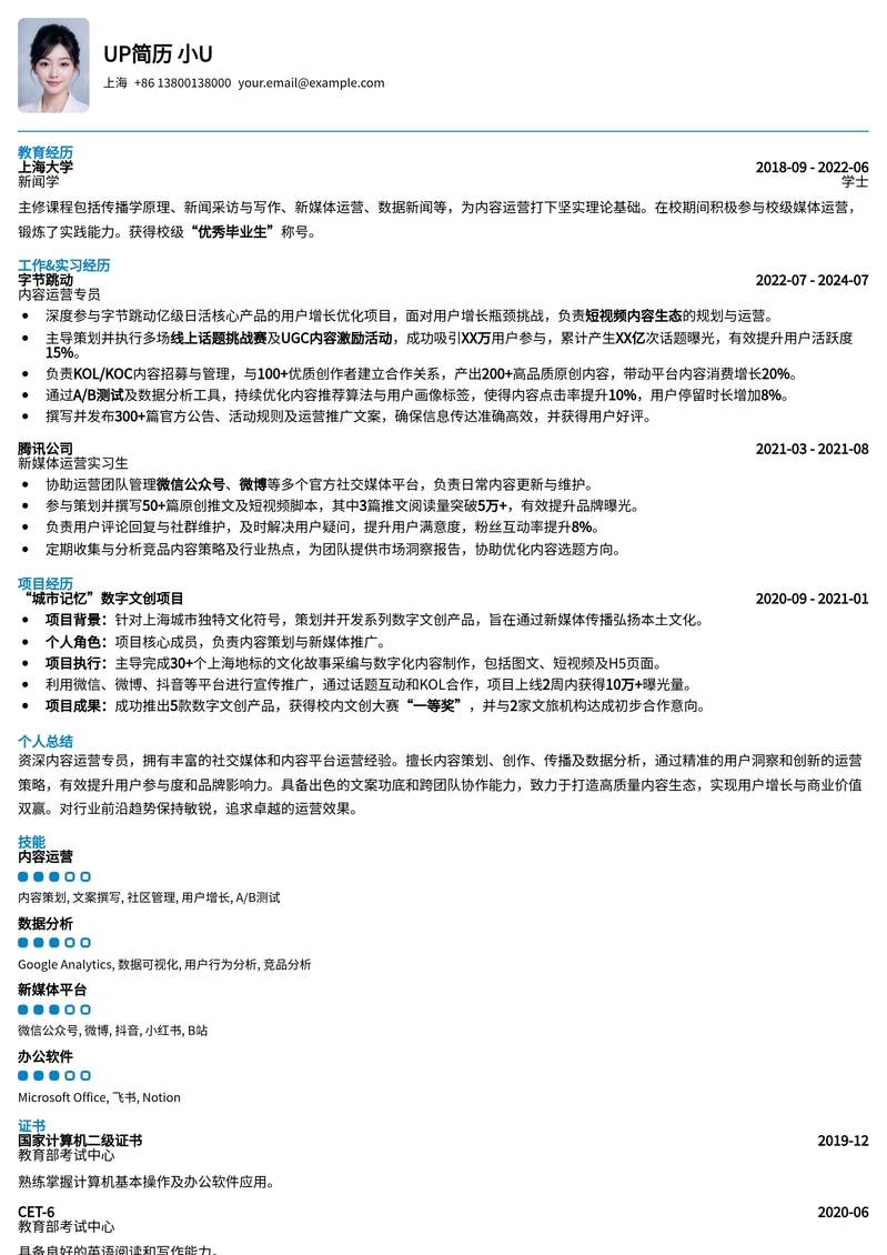 内容运营专员简历模板：提升内容价值，打造爆款内容