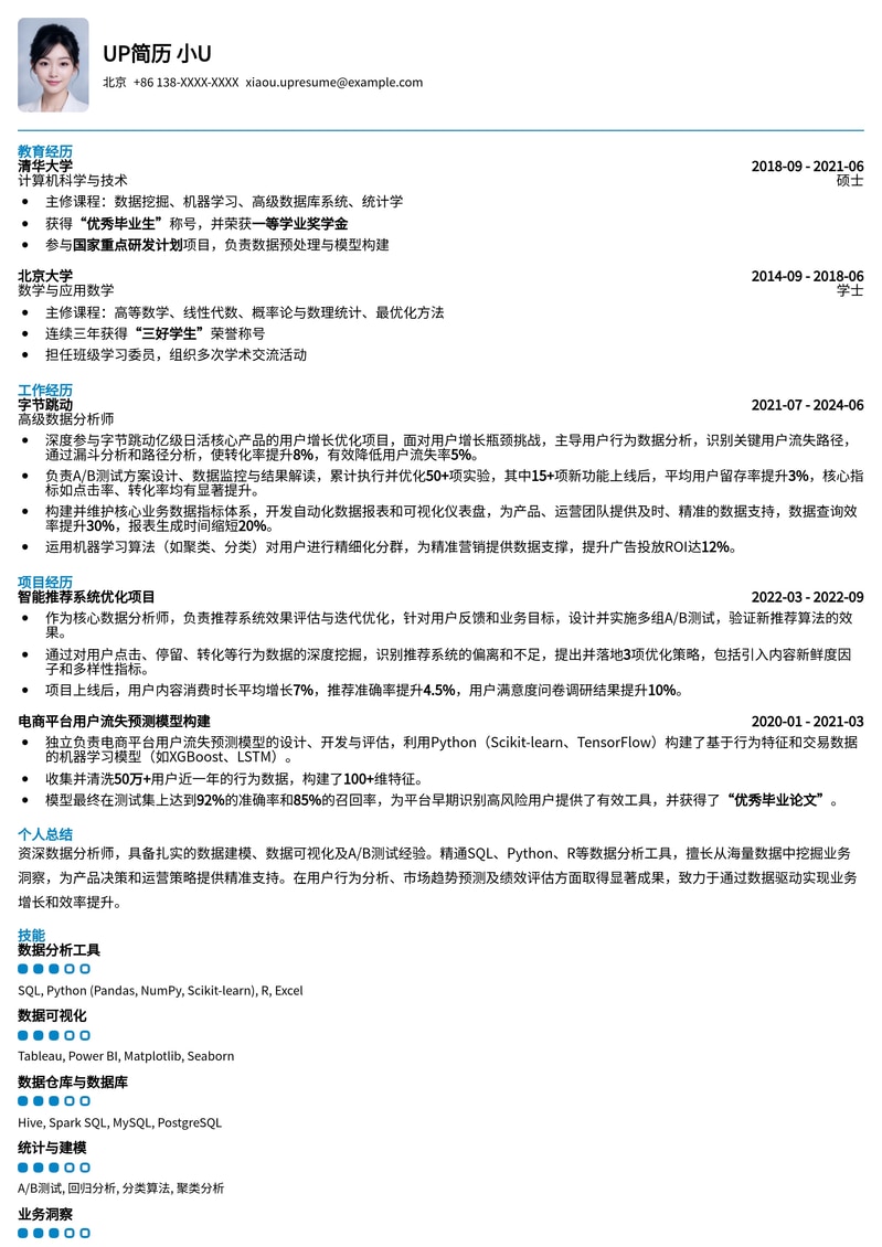 专业数据分析师简历模板:助您精准洞察职场,斩获理想Offer简历模板预览