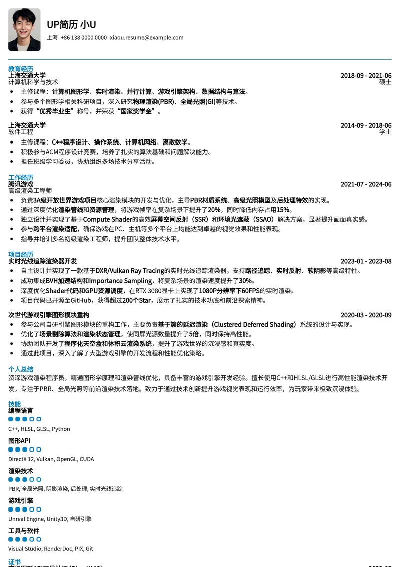 硬核技术流：游戏渲染程序员专业简历模板，助你斩获高薪Offer！