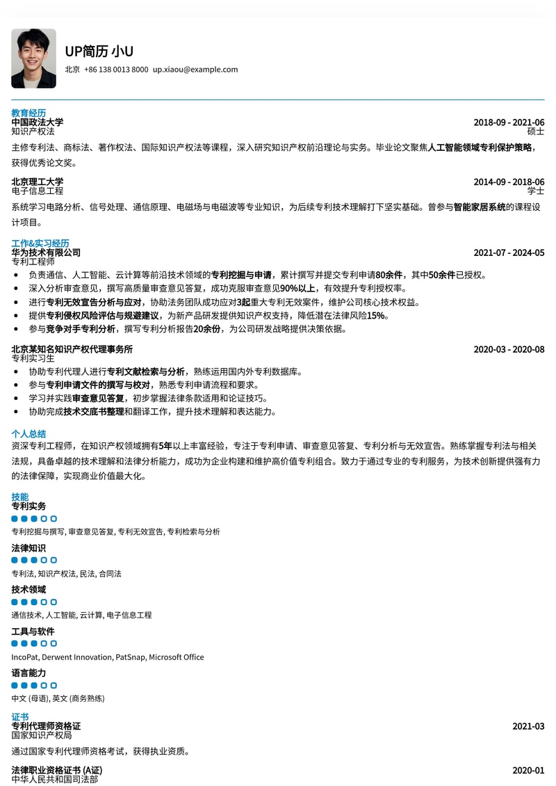 专利申请与管理专业简历模板：助您在知识产权领域脱颖而出简历模板预览