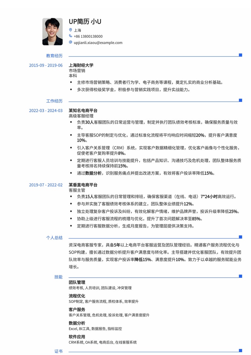 电商客服简历模板：团队管理与流程搭建简历模板预览