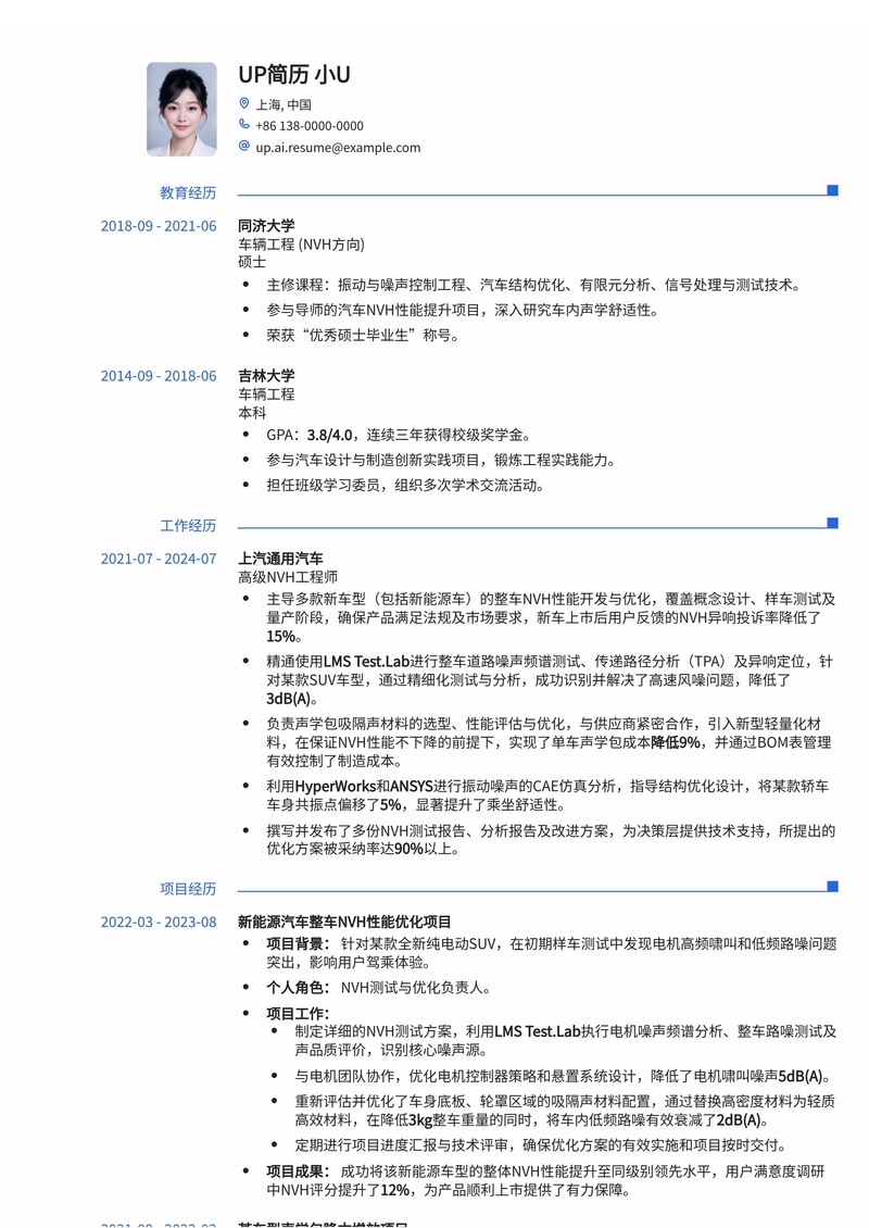 汽车NVH工程师(NVH Eng.)简历模板：LMS Test.Lab道路噪声测试与声学包优化专家简历模板预览
