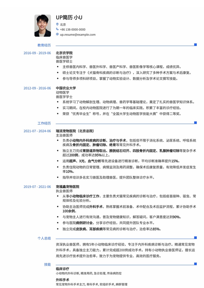 兽医(临床)简历模板:小动物执业兽医师证与常见宠物外科手术主刀记录简历模板预览