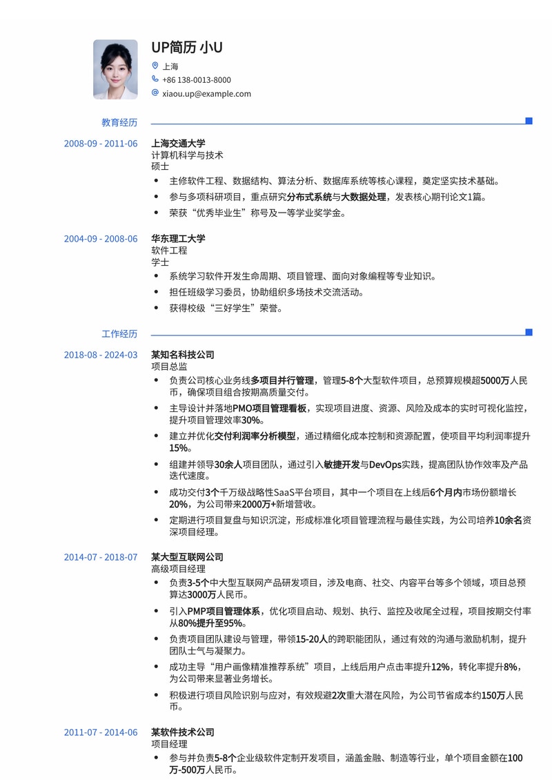 项目总监简历模板：PMO看板与交付利润率分析简历模板预览
