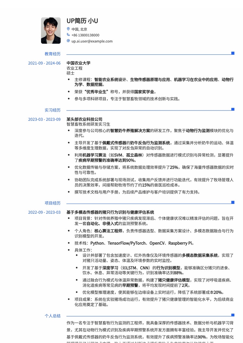 智慧畜牧行为监测简历范文:传感器赋能,奶牛疾病预警准确率90%简历模板预览