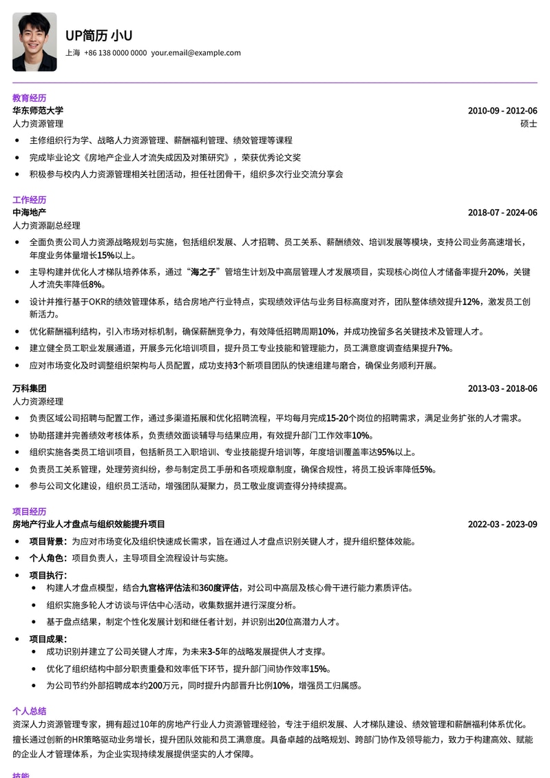 【高管力荐】房地产人力资源副总简历模板：助您晋升HRD，掌舵人才战略简历模板预览