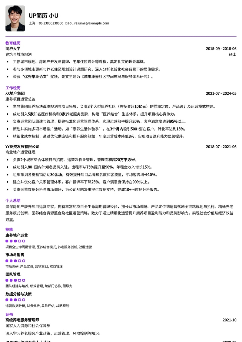 房地产康养项目运营专业简历模板：助您事业腾飞简历模板预览