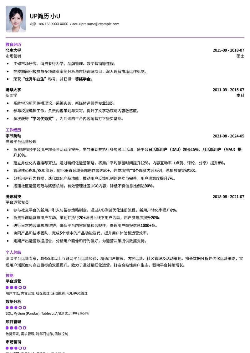 高效平台运营专员简历模板：助你脱颖而出，斩获理想Offer！简历模板预览