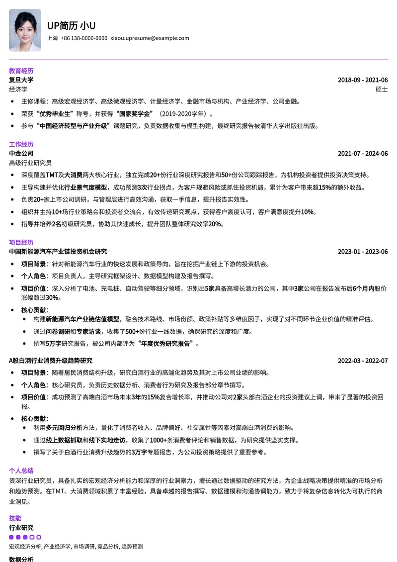 深度洞察：专业行业研究员简历模板简历模板预览