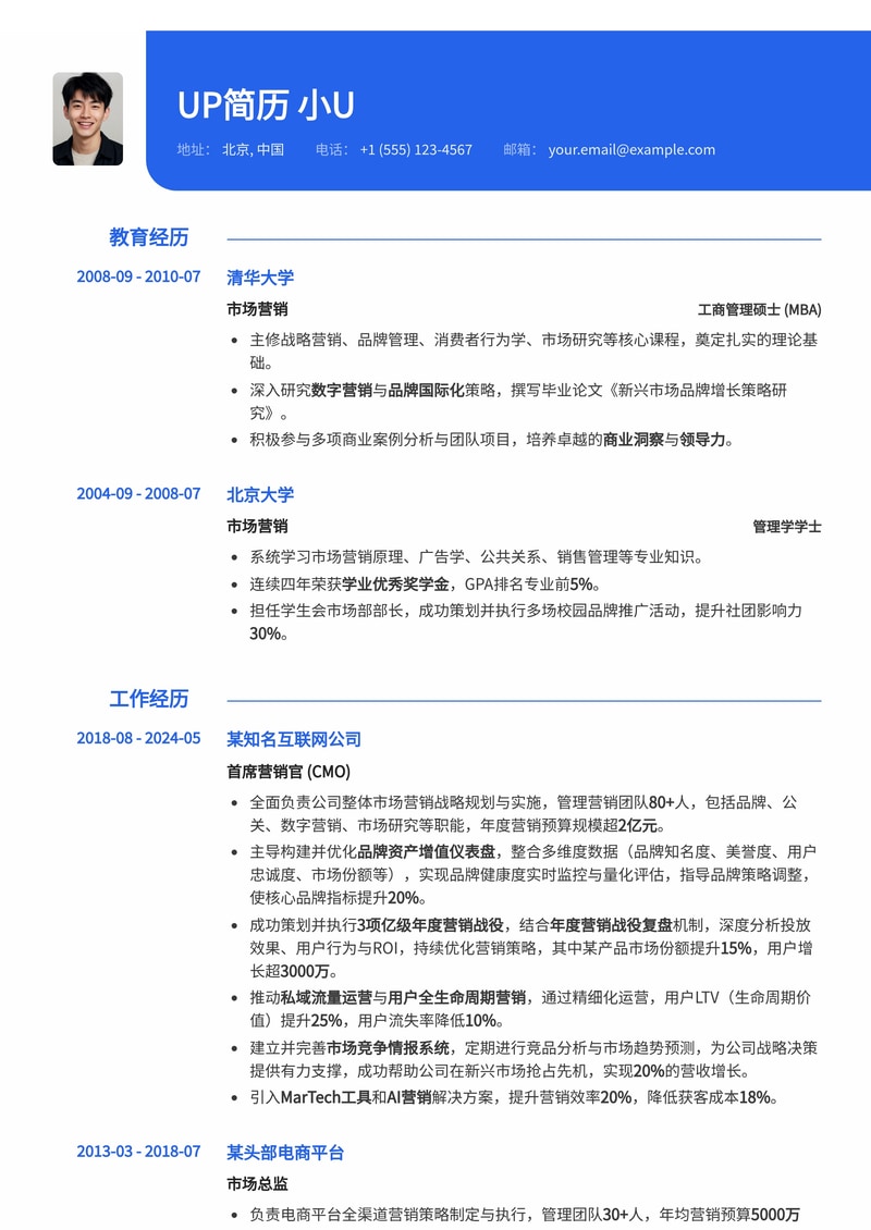 CMO/首席营销官高端简历模板：品牌资产增值仪表盘与年度营销战役复盘简历模板预览