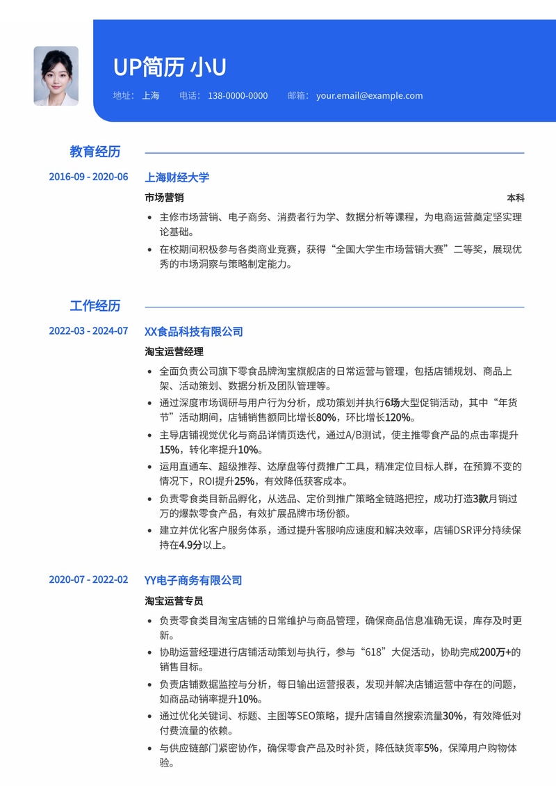 淘宝运营简历模板：熟悉零食店铺运营简历模板预览