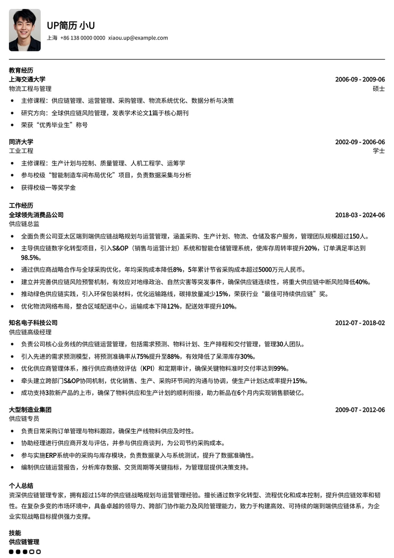 【高管力荐】供应链总监专业级简历模板简历模板预览