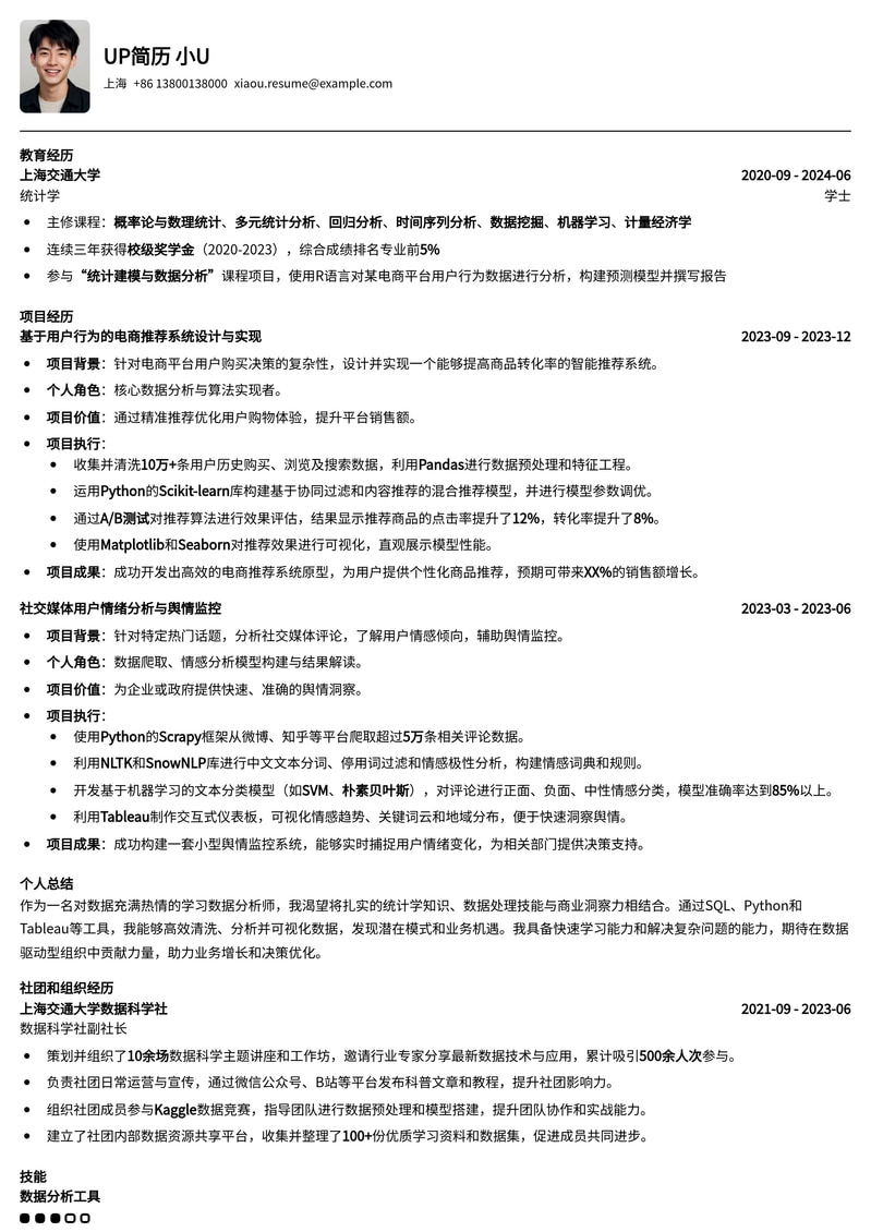 学习数据分析师简历模板:零基础入门必备,快速掌握数据洞察力简历模板预览
