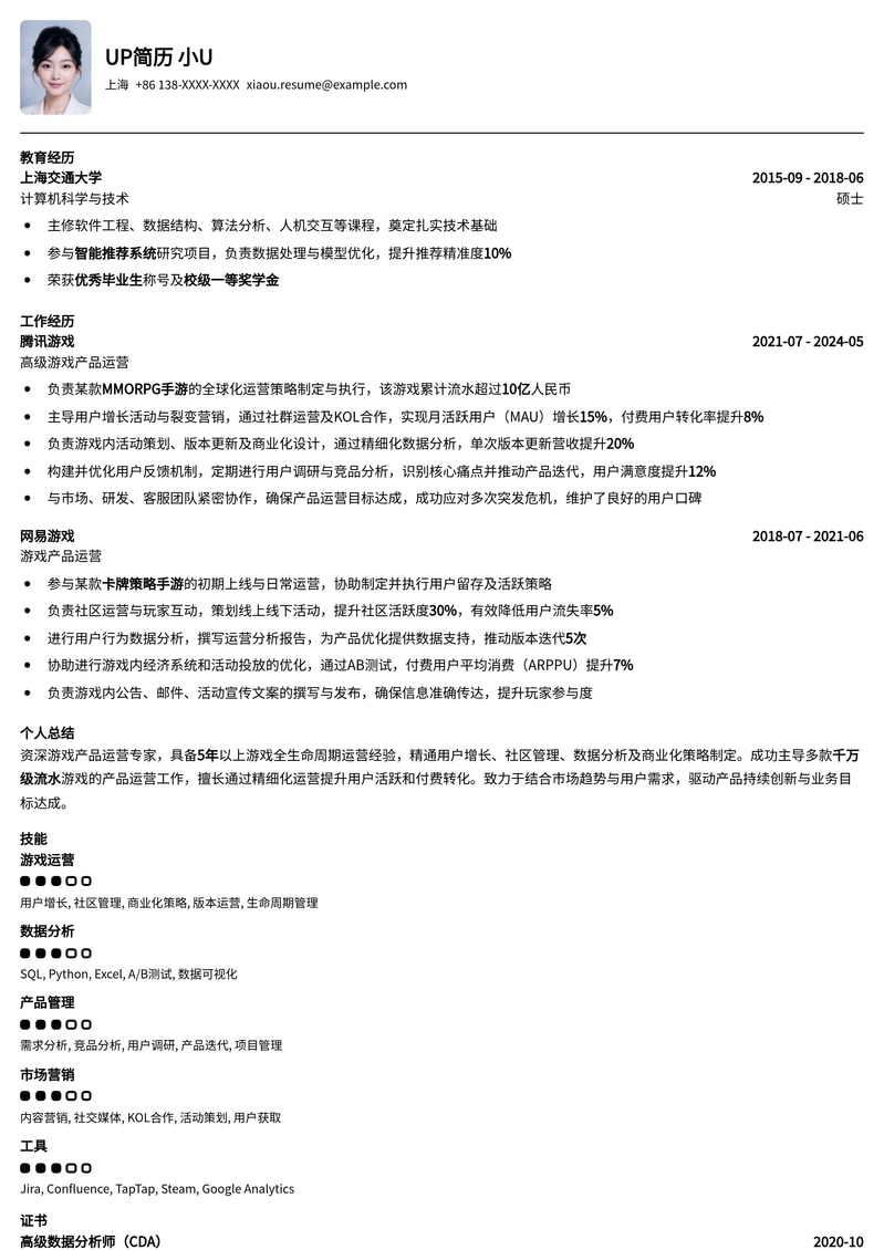 爆款游戏产品运营简历模板:助你斩获游戏大厂Offer!简历模板预览