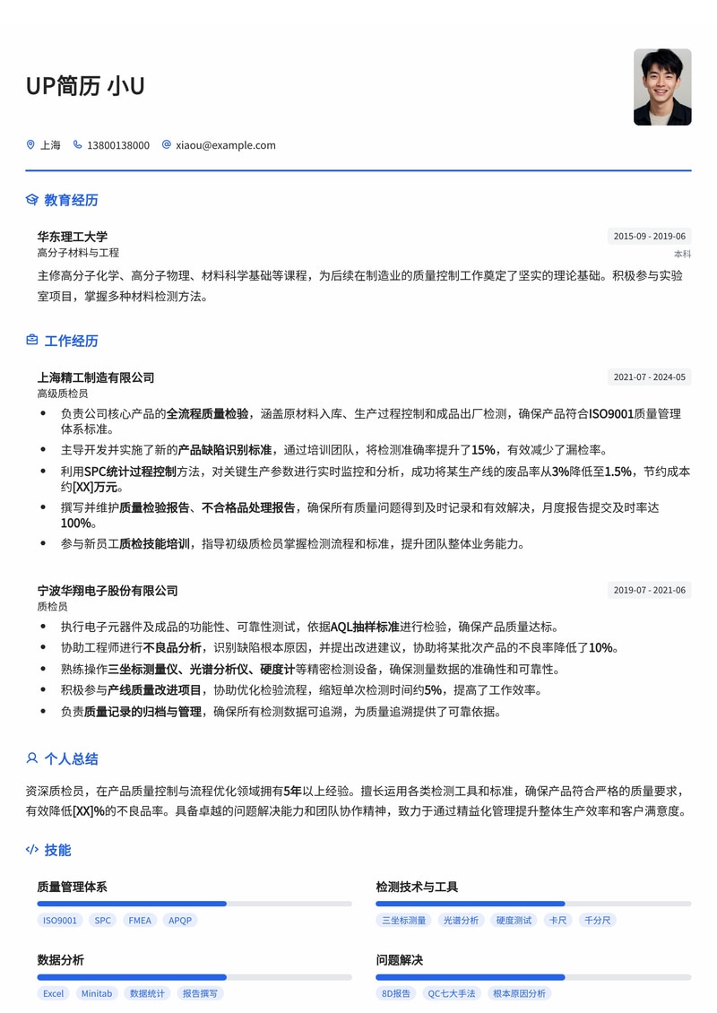 精细严谨:质检员专业简历模板,助您斩获理想Offer简历模板预览