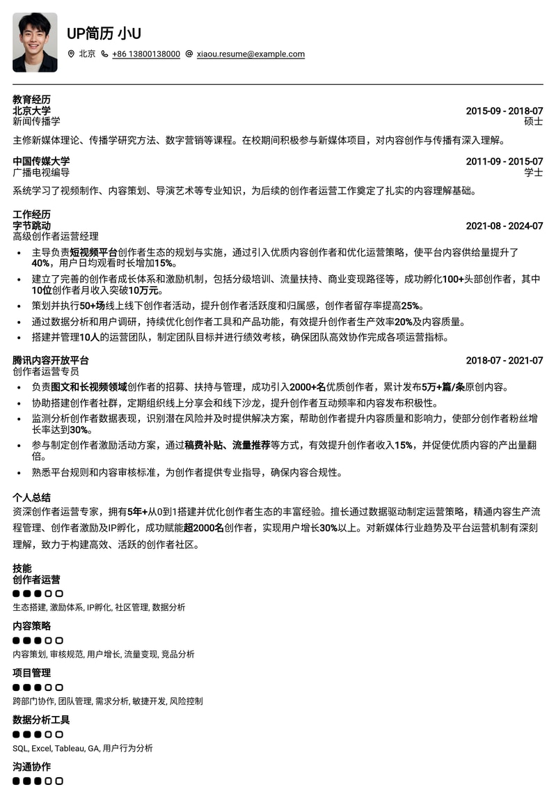 高效创作者运营经理简历模板:助力内容生态与社区增长简历模板预览