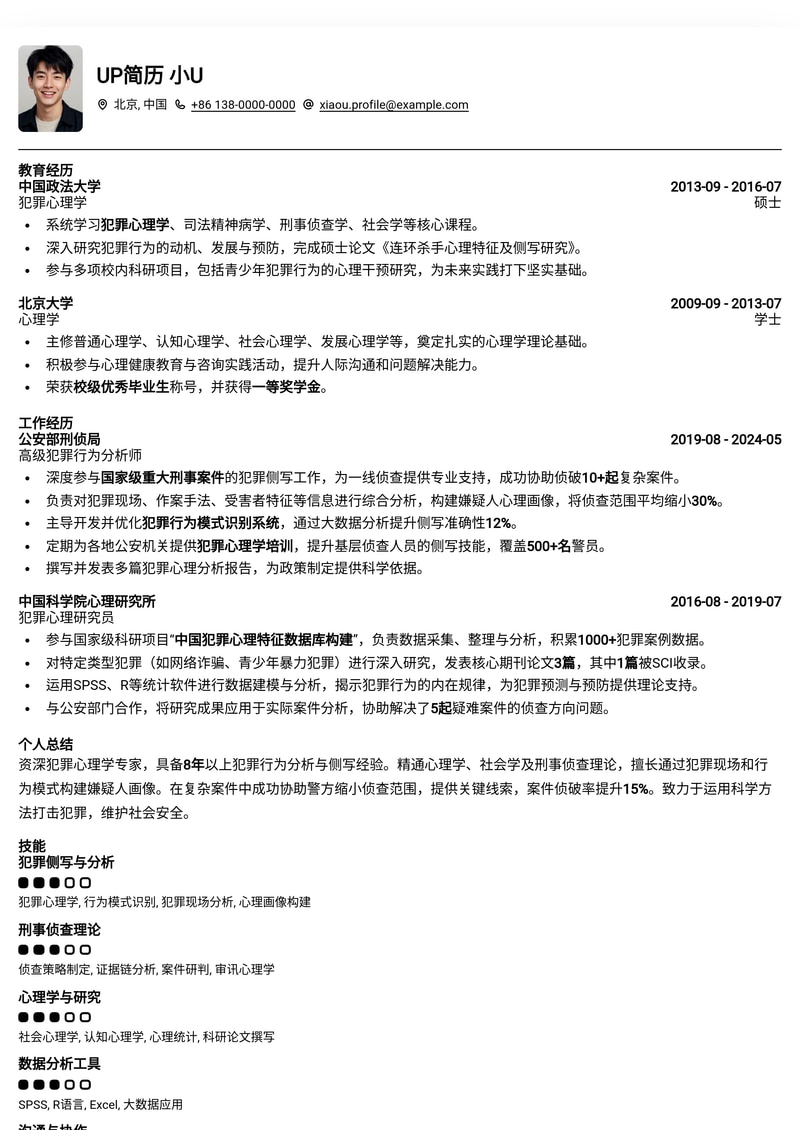 犯罪侧写师专业简历模板:洞察人性,精准破案的职业利器