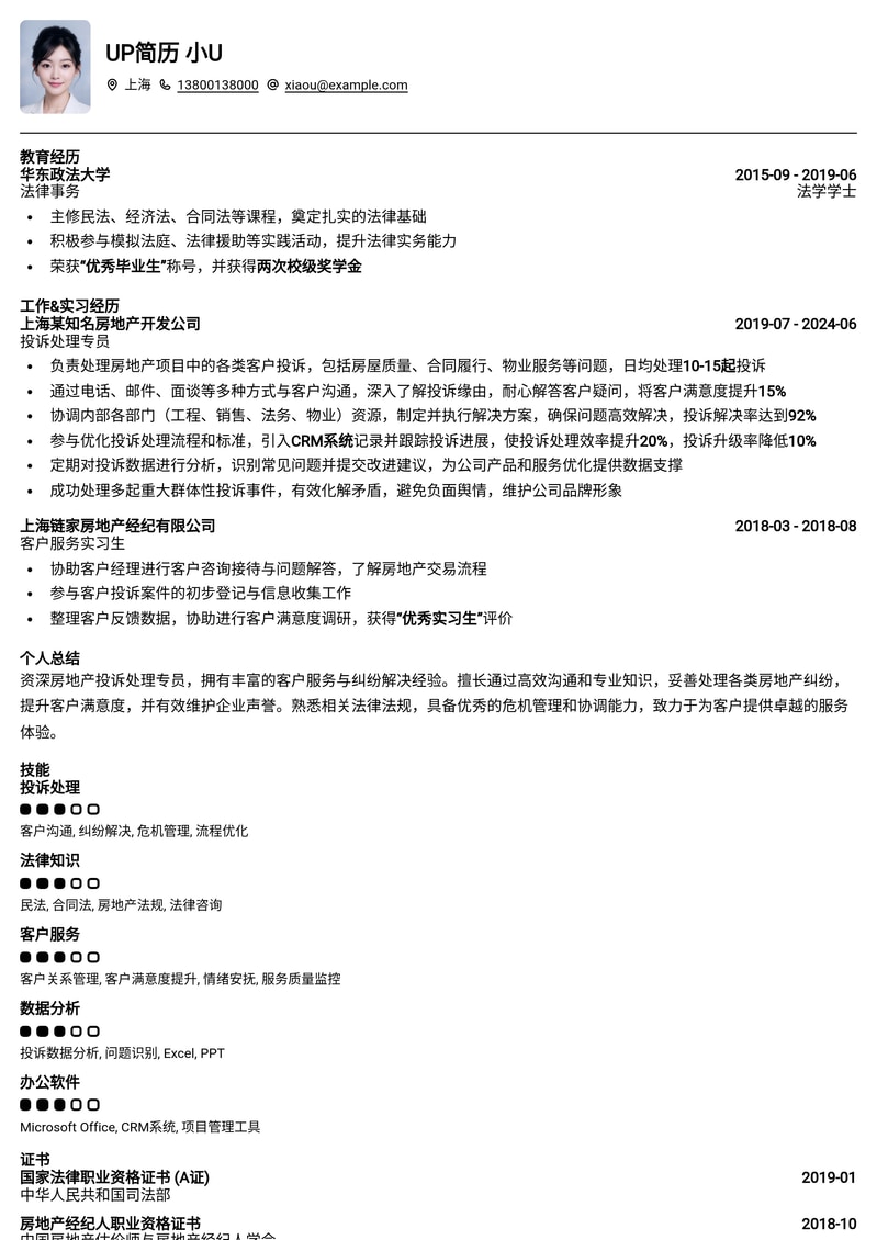 专业房地产投诉处理专员简历模板：高效解决纠纷，提升客户满意度