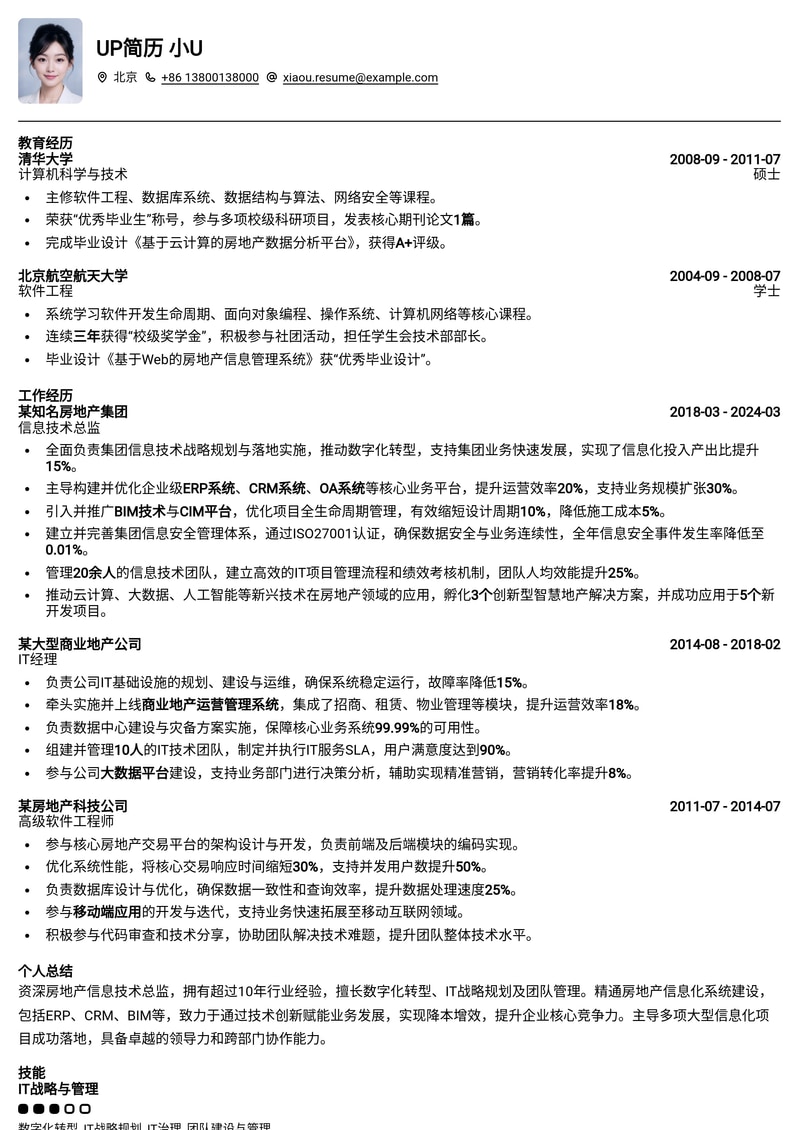 【房地产IT精英】信息技术总监高级简历模板 - 数字化转型领导者专属简历模板预览
