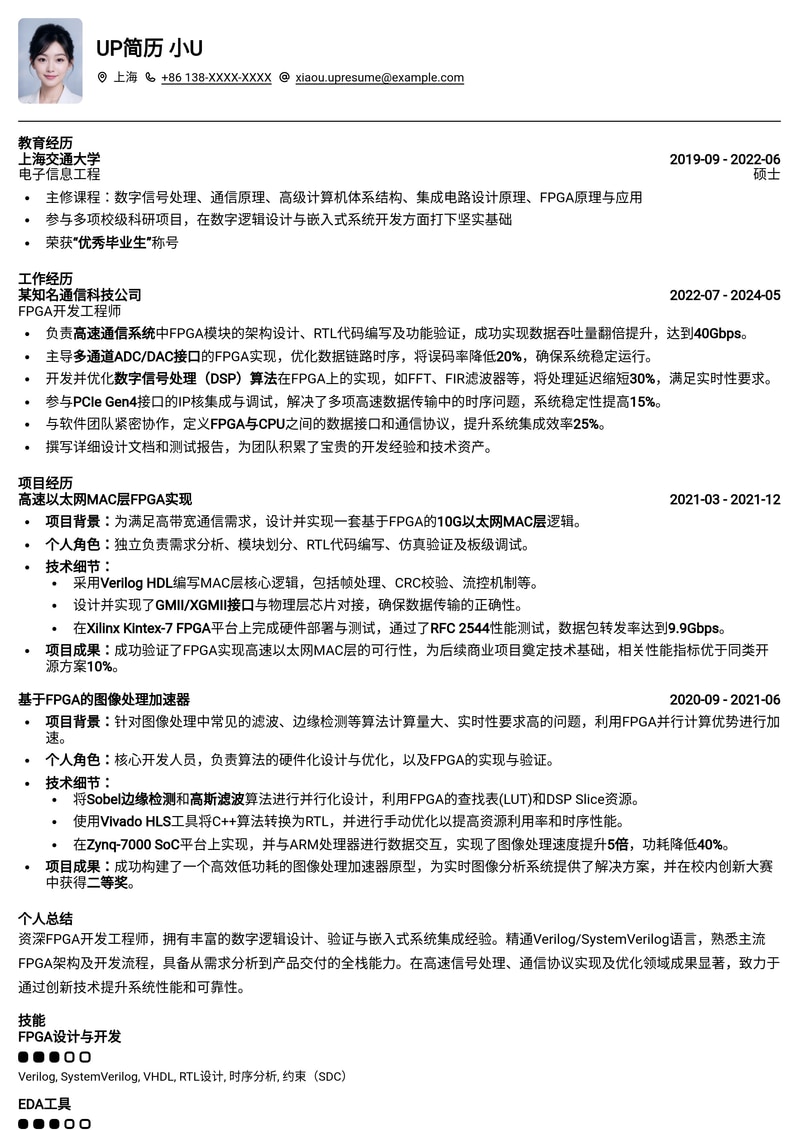 FPGA开发工程师专属简历模板：高效呈现硬件设计与验证能力简历模板预览