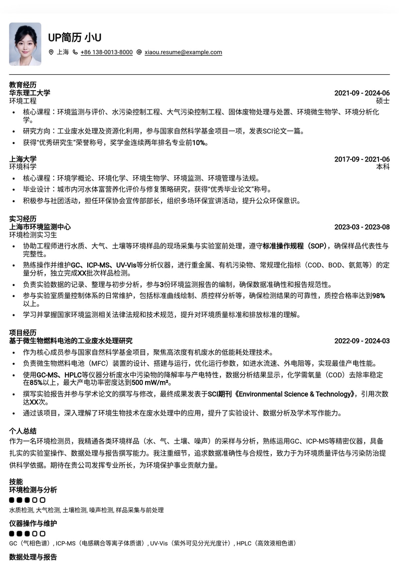 专业环境检测员简历模板：精准呈现技能，助力绿色事业发展简历模板预览